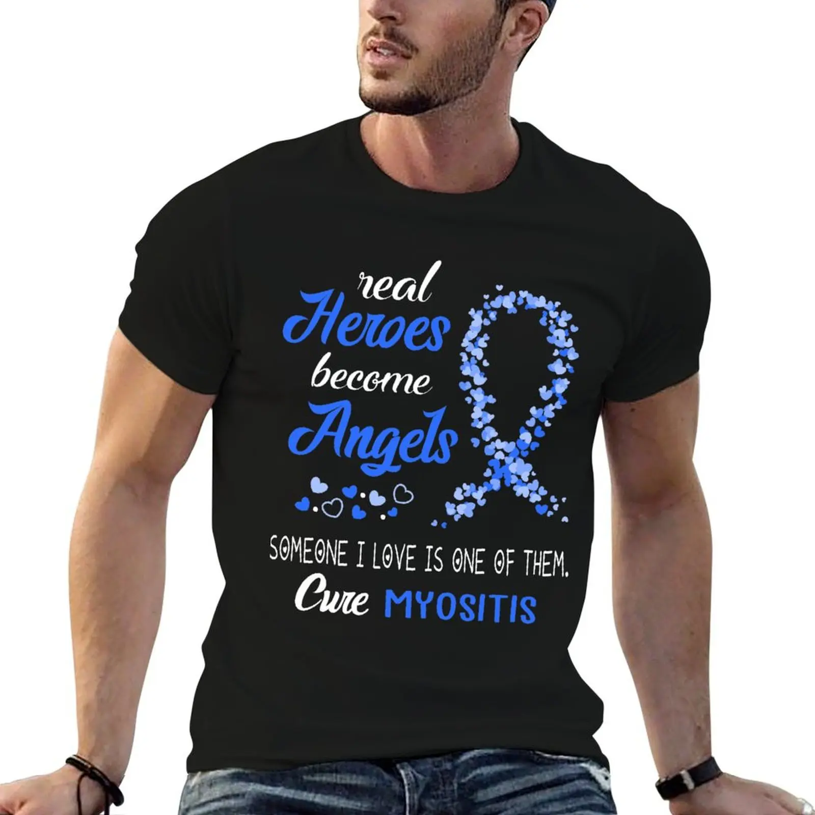 Les vrais héros deviennent des anges. Quelqu'un que j'aime est l'un d'eux, T-shirt Cure Myositis avec impression d'art au trait simple
