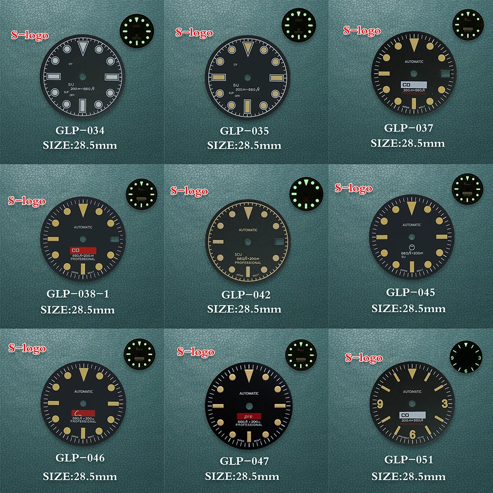 

S логотип 28,5 мм, высококачественный ретро-циферблат для NH35/NH36, механизм для часов 3/3,8/4,2, заводная головка, зеленые светящиеся аксессуары для часов