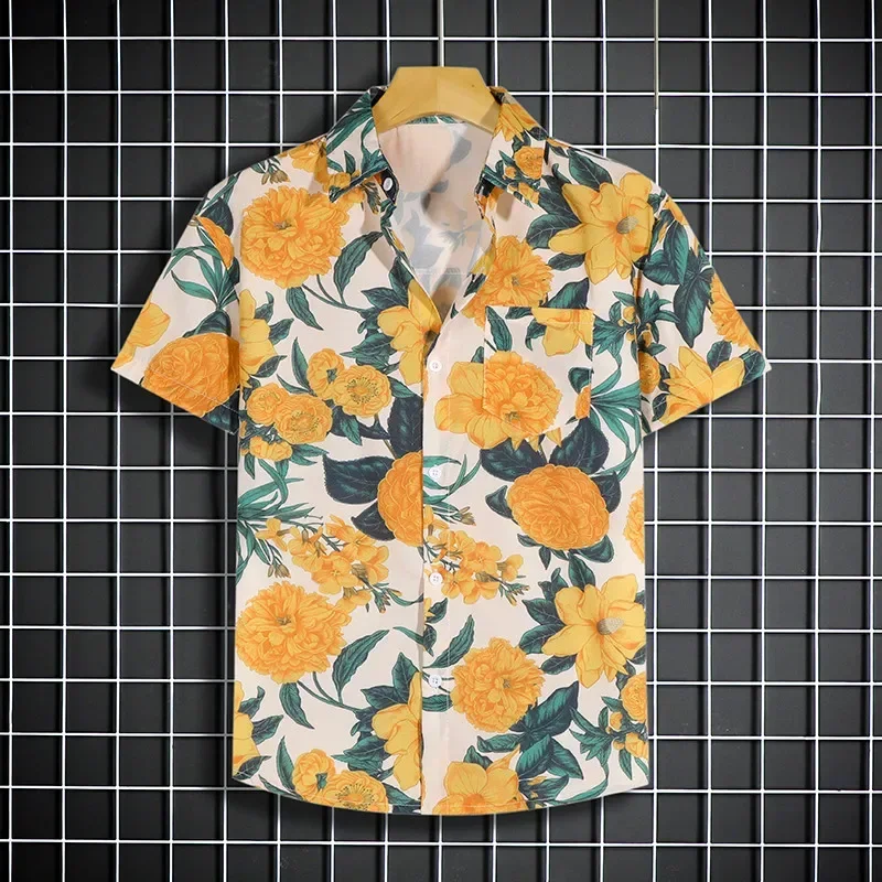 Hawaiian men's beach shirt Hainan short sleeved loose combination travel vacation cartoon half sleeved floral plus size shirt