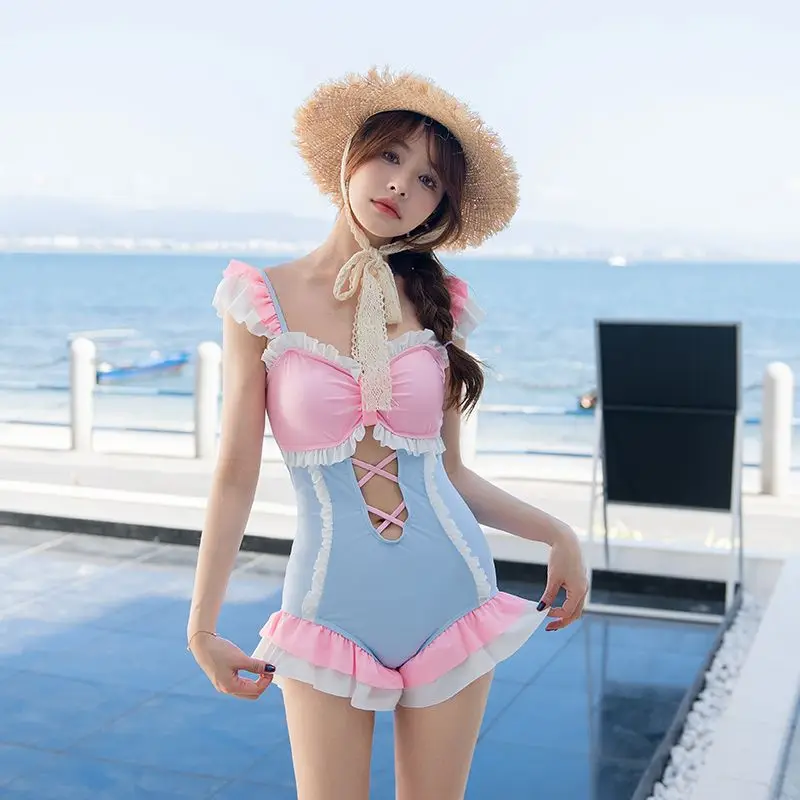 Cover-Ups Women Ruched Ruffle Swimsuit Summer One-piece Cute Girls Conservative Students Korean Fashion Panelled Beach Outfits