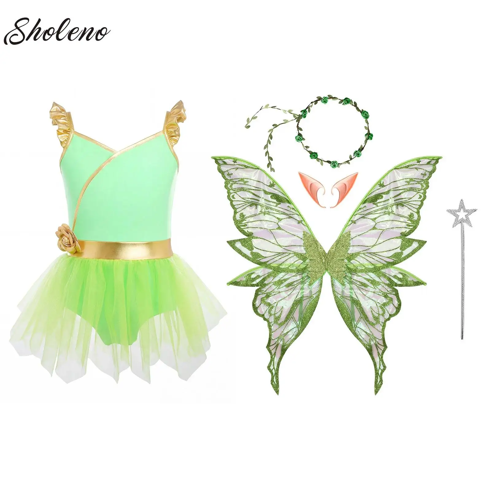 

Magical Fairy Dress with Wings Girls Sparkling Angel Wings Costume Set for Halloween Costume Party Favor Christmas Gift Dress up