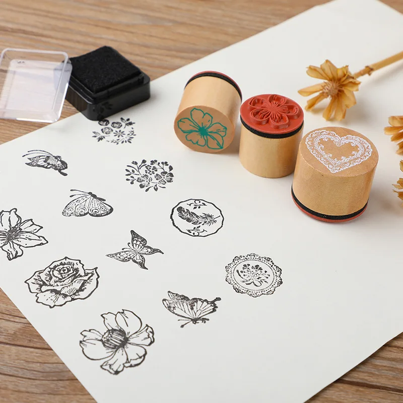 Creative Wooden Cylindrical Stamp Set Petal Lace Butterfly Diary Album DIY Handbook Stamp 3 Options Wooden Assorted Stamp