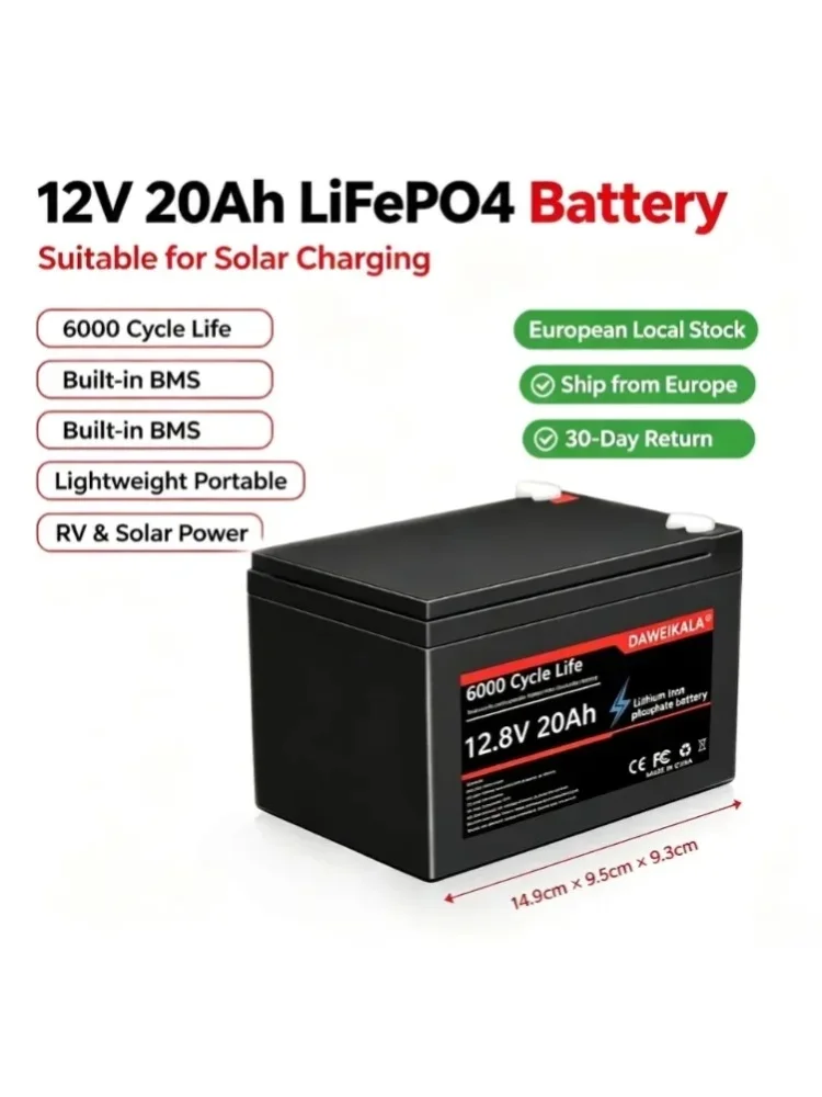 LiFePO4 Tiefzyklus-Akku, 12V 20Ah Lithium-Batterie mit 20A BMS für Solar- und Windenergie, Marine, Fischfinder, Aufsitzspielzeug