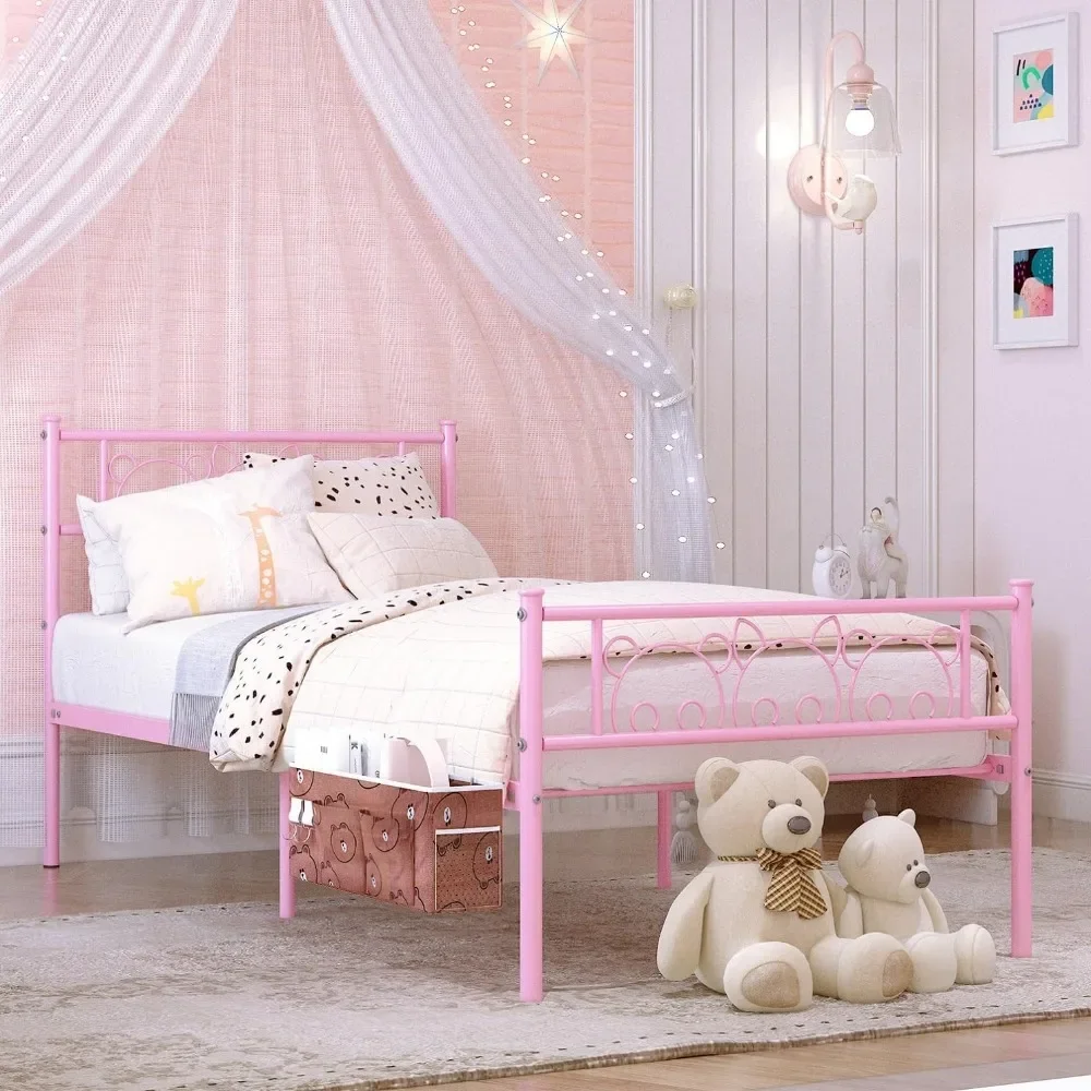 Pink Twin Bed Frames com cabeceira pendurada, armazenamento Caddy para adolescentes e adultos, bonito Twin Size Bed Frame, cabeceira