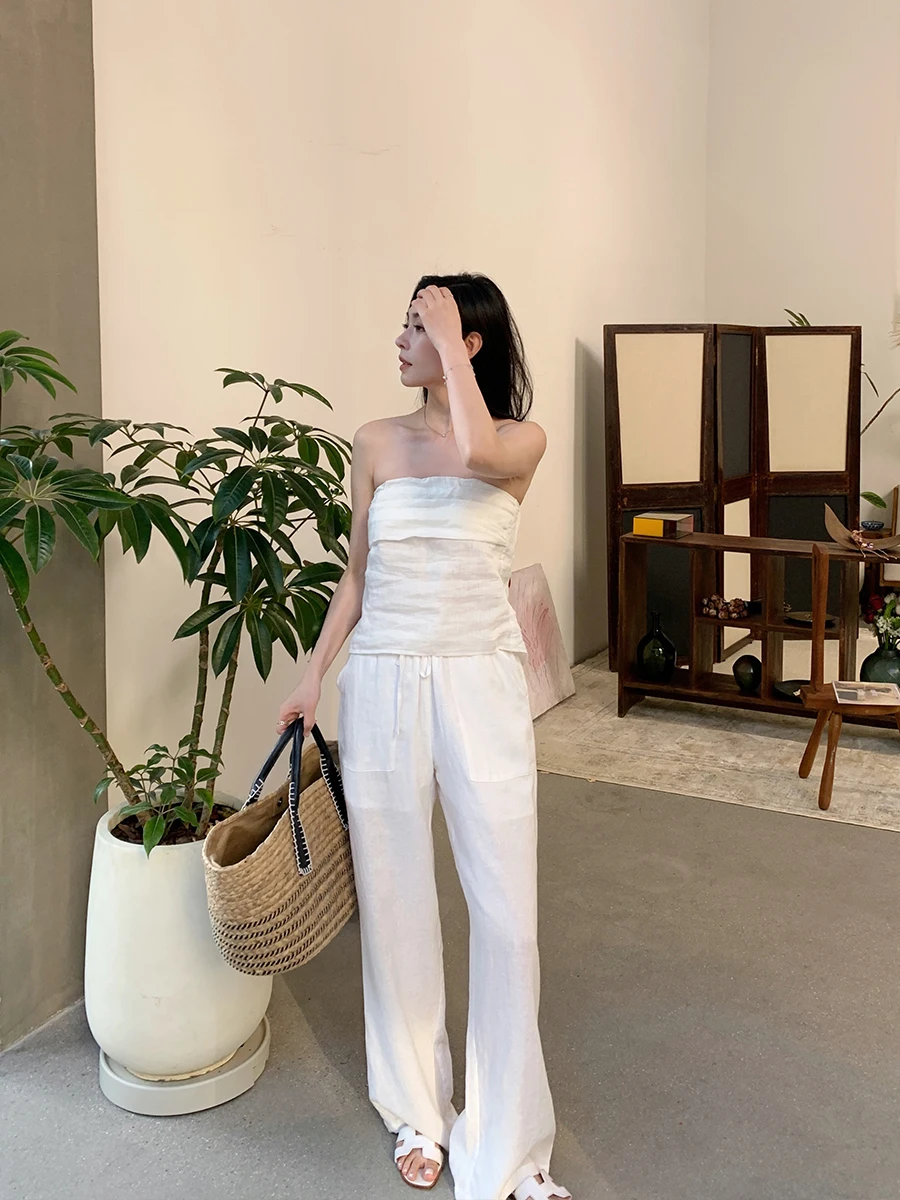 

Lazy Zoe Summer Loose Linen Set Pure Color Strapl Top High Waist Straight Leg Casual Floor-Length Pants Women's Faion