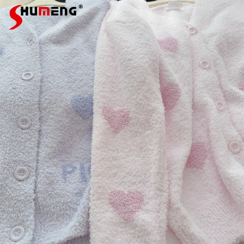 

Fluffy Cardigan Loungewear Women's Sweet Heart Warm Fleece Round Neck Pajama Female Long Sleeve Long Pants Sleepwear Set