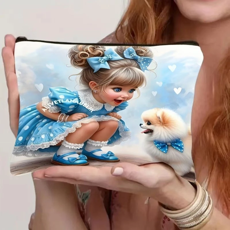 Lindo bolso de maquillaje con diseño de niña y Pomerania de poliéster, 1 unidad | Organizador de artículos de tocador multifuncional para mujer con cremallera de seguridad