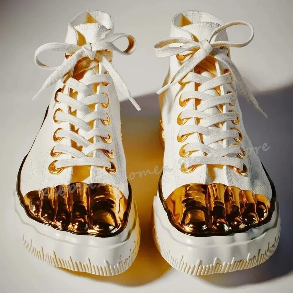 Five Finger Shoes Golden Brass Canvas Fashion Sexy Novelty Concise Luxury Women Shoes Newest Lace-Up Round Toe Height Increasing