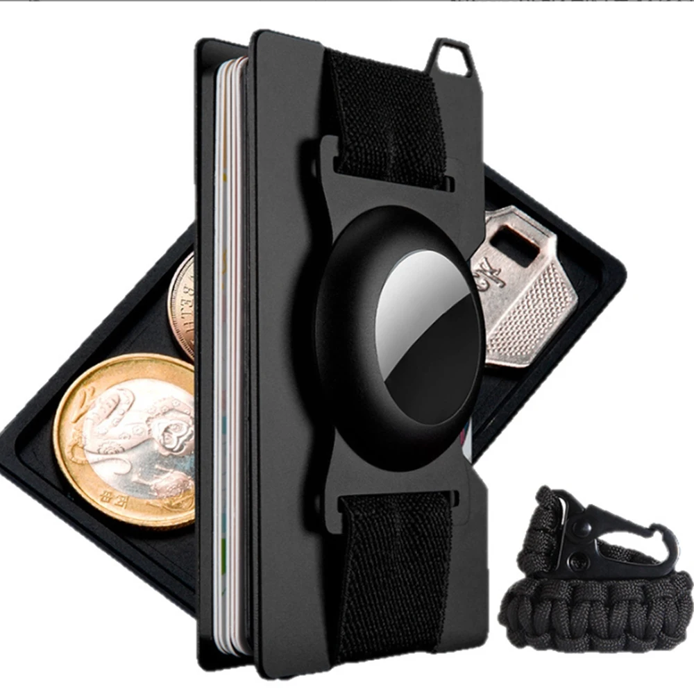 Cartera minimalista para hombre: clip para billetes de metal de aluminio delgado Viene con un orificio para airtag, un cordón y una bandeja para monedas