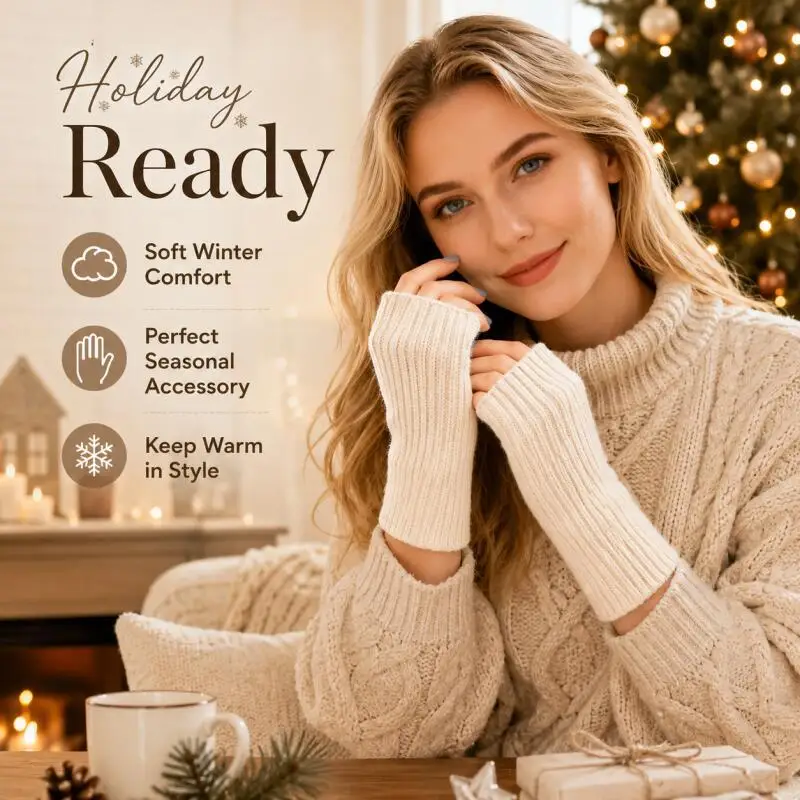 Women's Winter Fingerless Knit Gloves, Soft Ribbed Wrist Warmers for Typing, Driving and Daily Wear