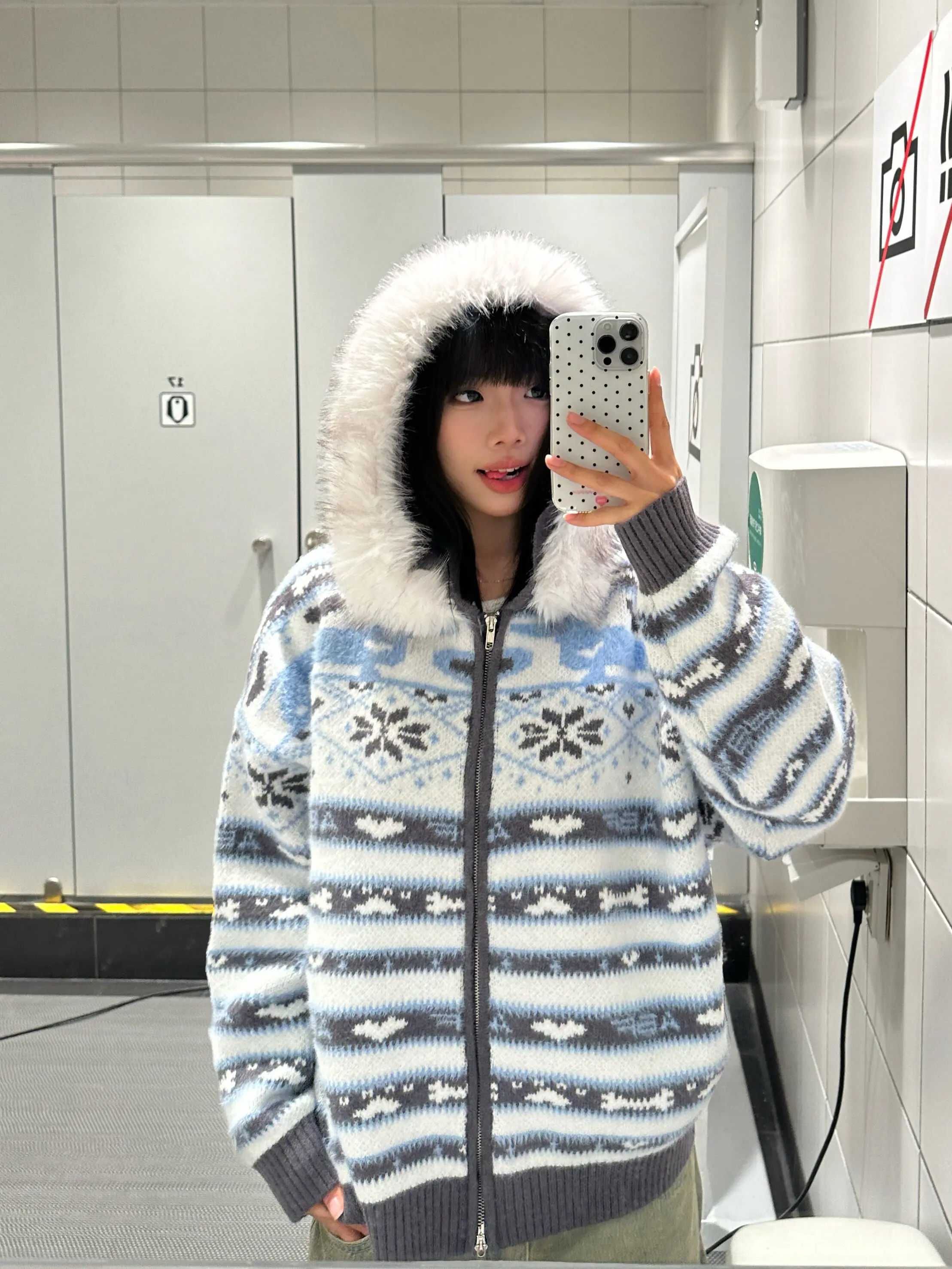 

BeOurRule American Retro Sle Fair Isle Hooded Knitted Sweater Women's Lazy Knitted Cardigan Coat Autumn Winter Loose Fit