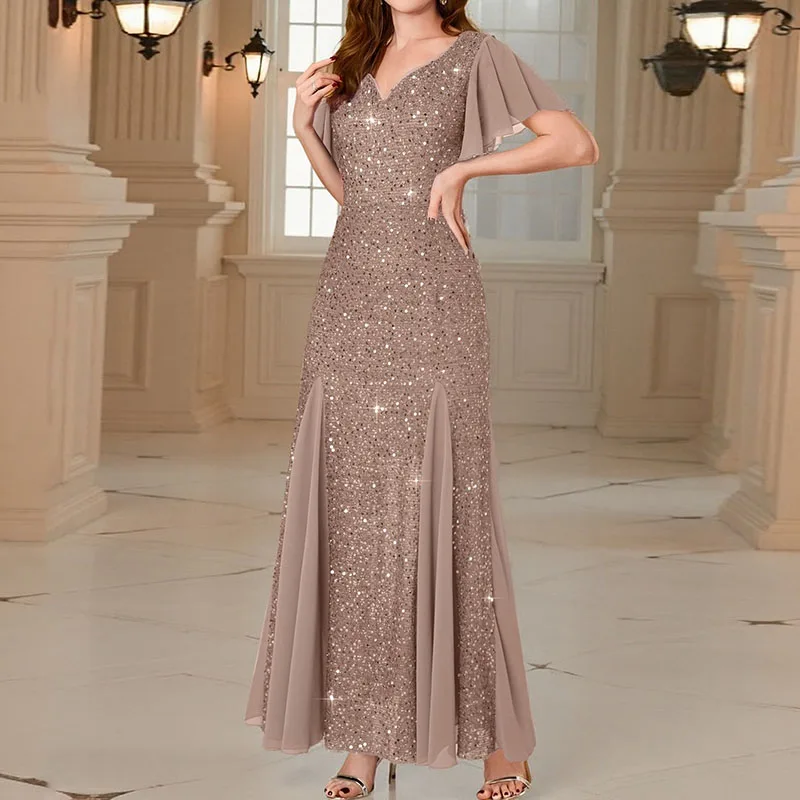 Fashion Glitter Sequins Shiny Evening Dress Women Spring High Waist Patchwork Mesh Long Dress Summer Butterfly Sleeve Boho Dress