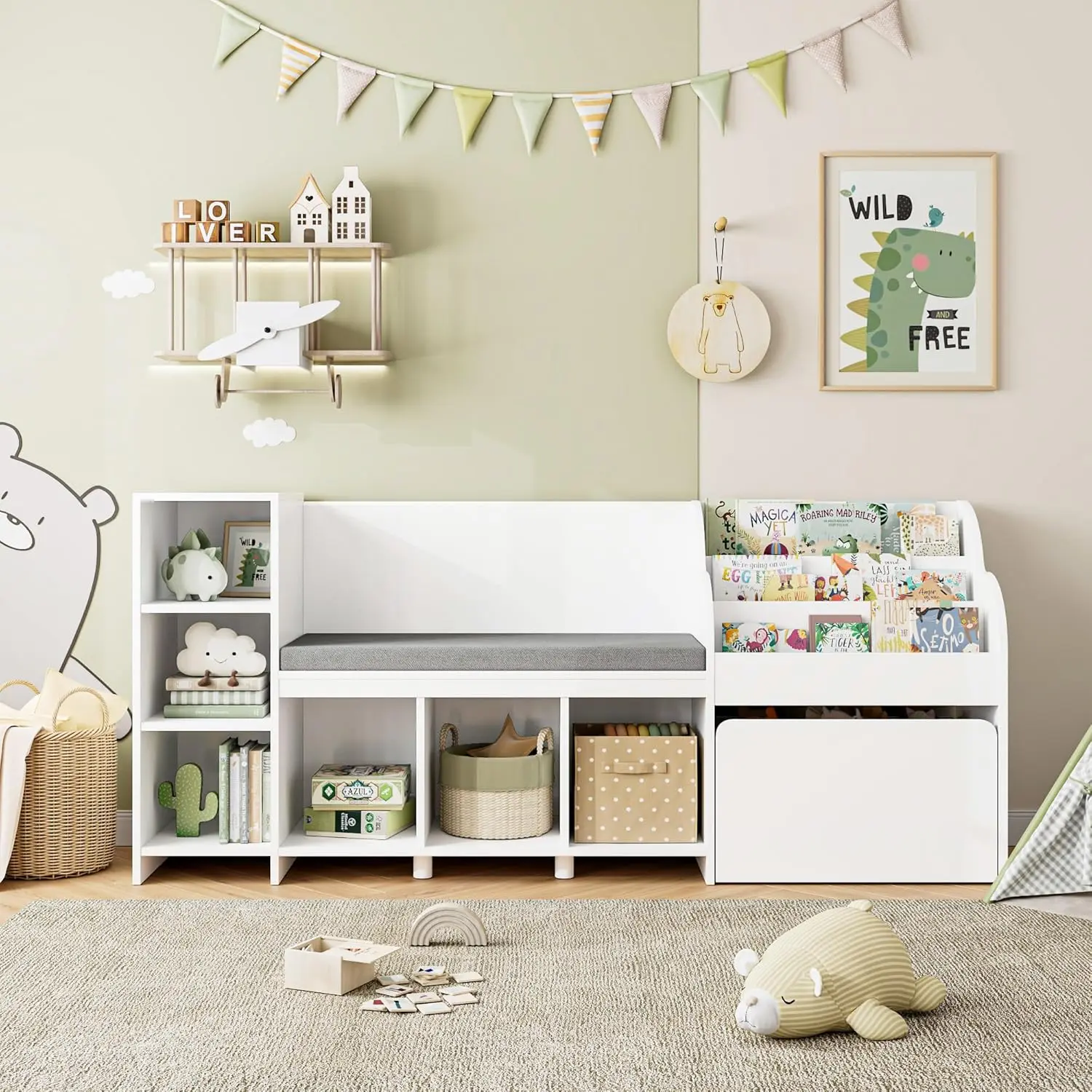 Berceau de lecture avec banc pour enfants, bibliothèque et étagère pour enfants avec coussin de siège et 6 rangements, boîte de rangement pour jouets, 67 po