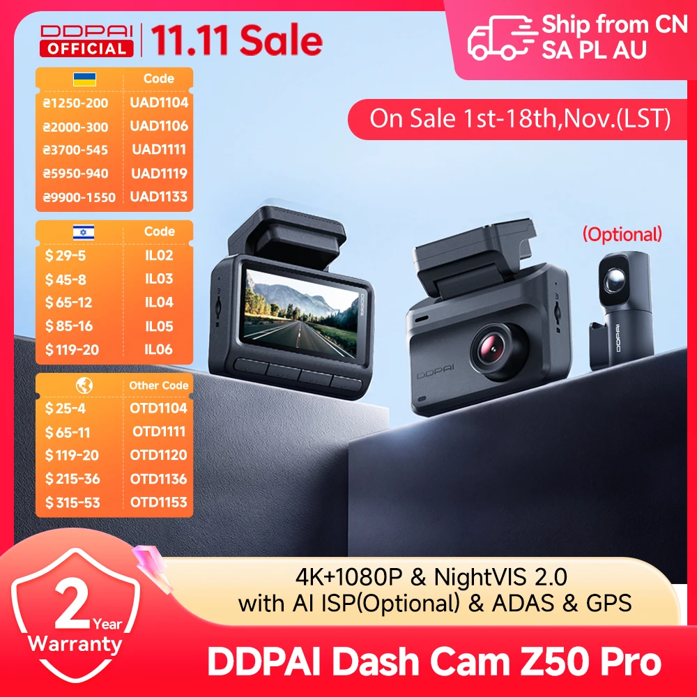 Cámara para Auto DDPAI Z50 Pro 4K HDR + 1080P, DVR con Visión Nocturna, Wi-Fi 6,