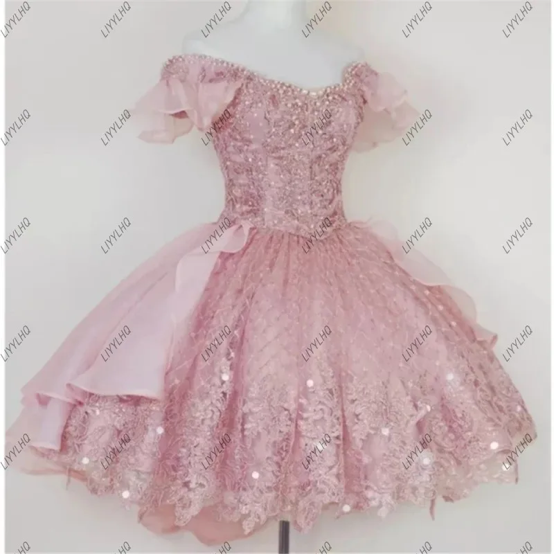 Shinning Princess Pink Short Homecoming Dresses Sexy V Neck Beaded Lace Appliques Mini Cocktail Dress Graduation Party Gowns