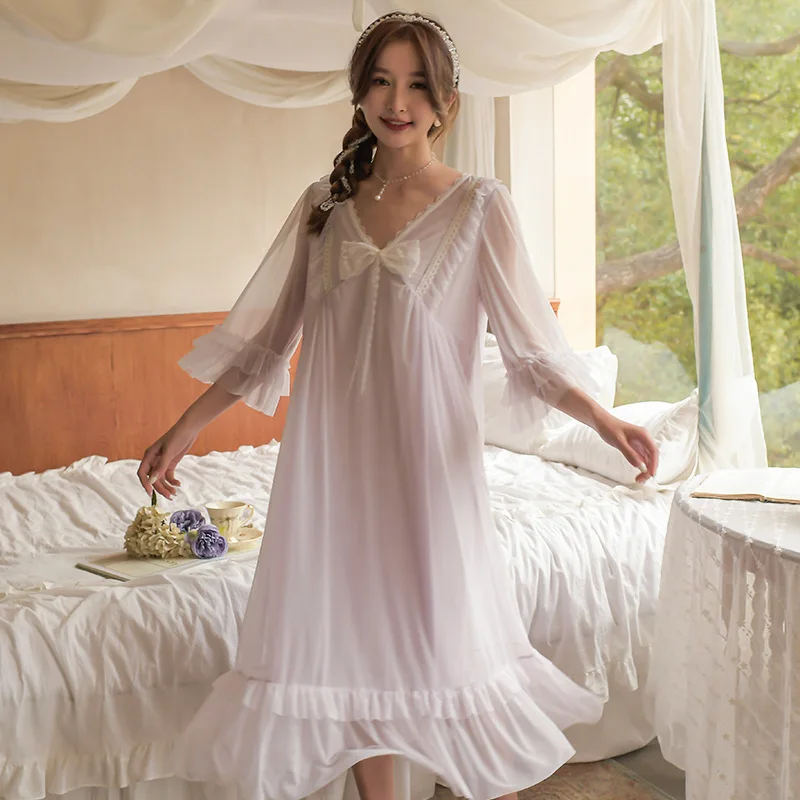 

Retro palace style bow Modal pajamas Female spring and autumn sweet lace mesh yarn fairy princess home clothes