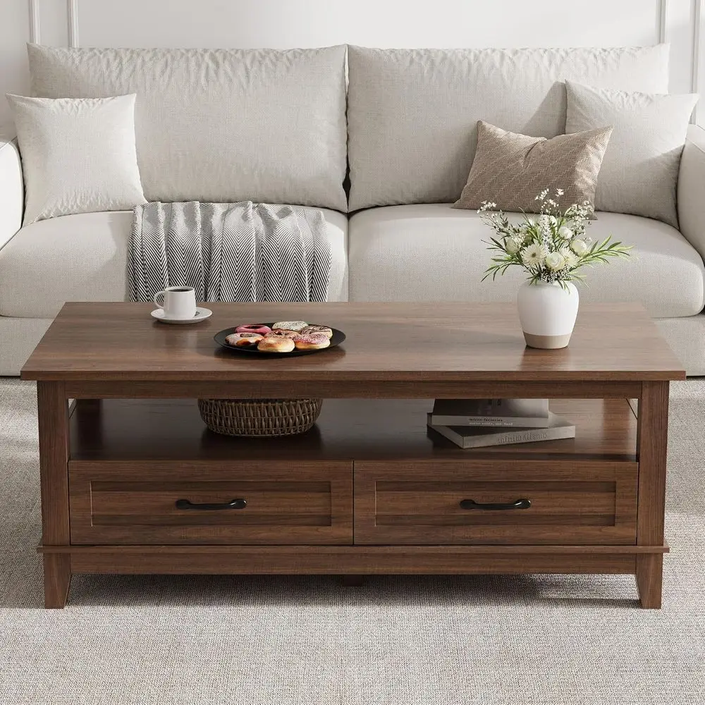 

Rustic 47 Wood Coffee Table with Storage Drawers and Open Shelf for Living Room, Office, and More