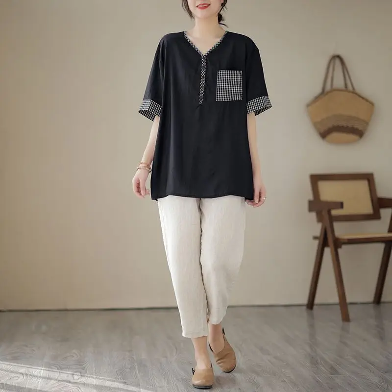 Women's Clothing Fashion Printed Spliced Solid Color T-shirt 2023 Summer Korean Casual Female Short Sleeve V-Neck Loose Tops