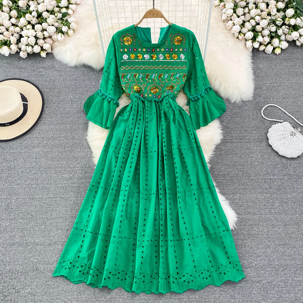 Vintage Elegant Lace Hollow Out Summer Dress Women\'s Short Sleeve Crochet Embroidery Blue White Bohemian Long Dresses