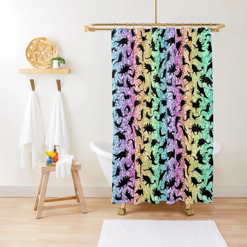 

Chaos dinosaur pattern on rainbow scribble Shower Curtain Bathroom Fabric Shower For Bathroom Curtain