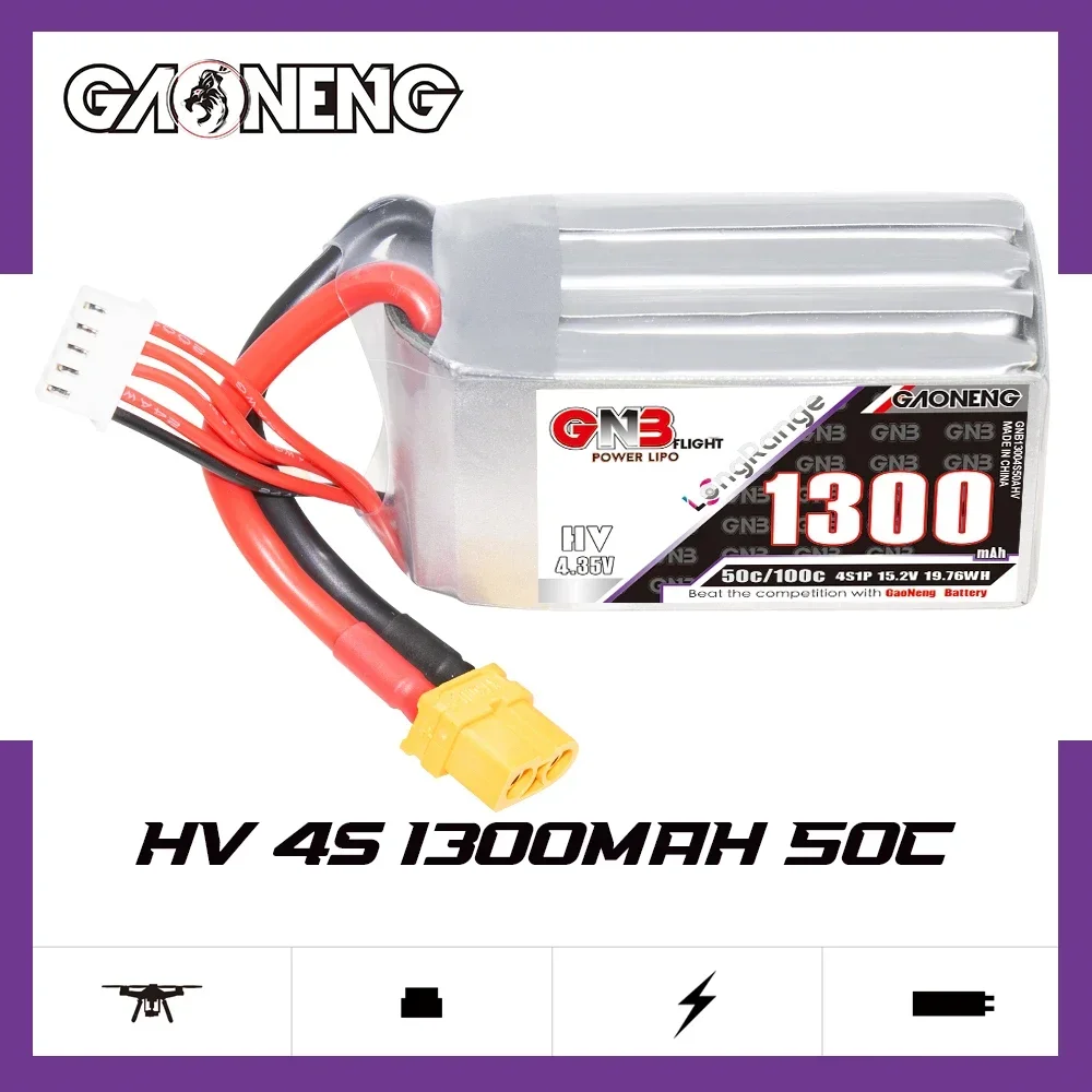 GAONENG GNB 1300mAh HV 4S 50C 100C 15.2V XT60 LiPo Battery Long Range 5 to 6 inch Drone Racing Pilot FPV Airplane Quads