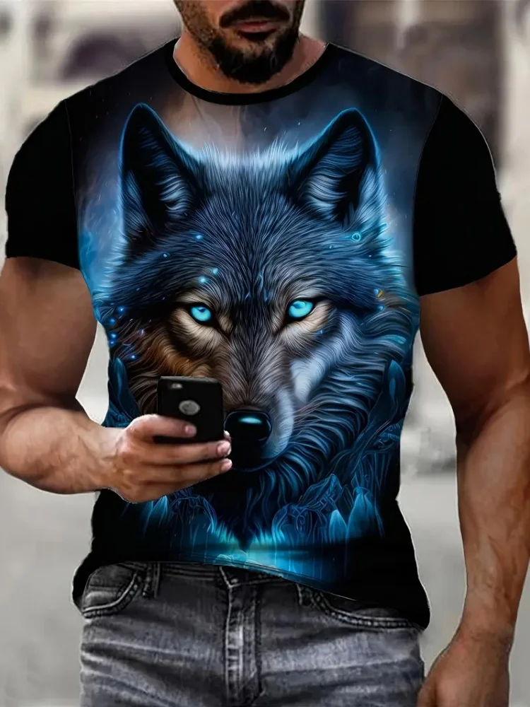 

Fashion Street Style Men's T-shirt Trend Cool Wolf Printed Short Sleeve Tees Summer Casual Crew Neck Tops Vintage Men's Clothing