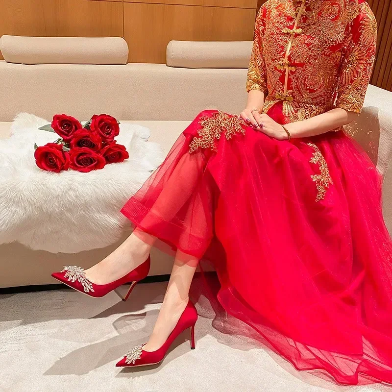 2024 Spring Summer Autumn New Wedding Shoes Red High Heels  Slim Heels Korean Version Pointed Toe Bride Shoes High Heels