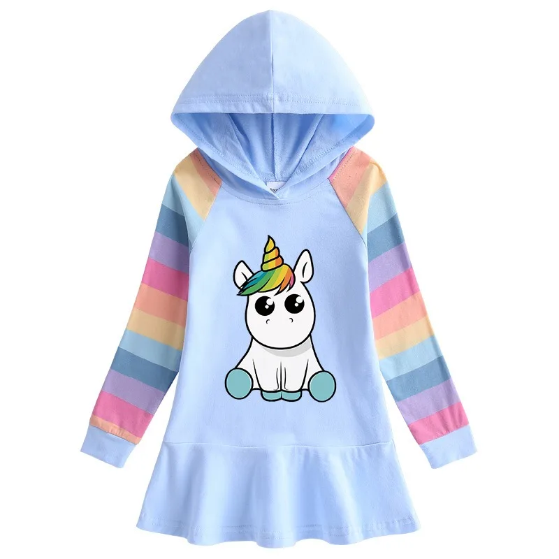 2024 New Unicorn Princess Girls Dress Cotton Autumn Kids Dresses for Children Birthday Party Clothes Costume Hooded Rainbow 2-8T