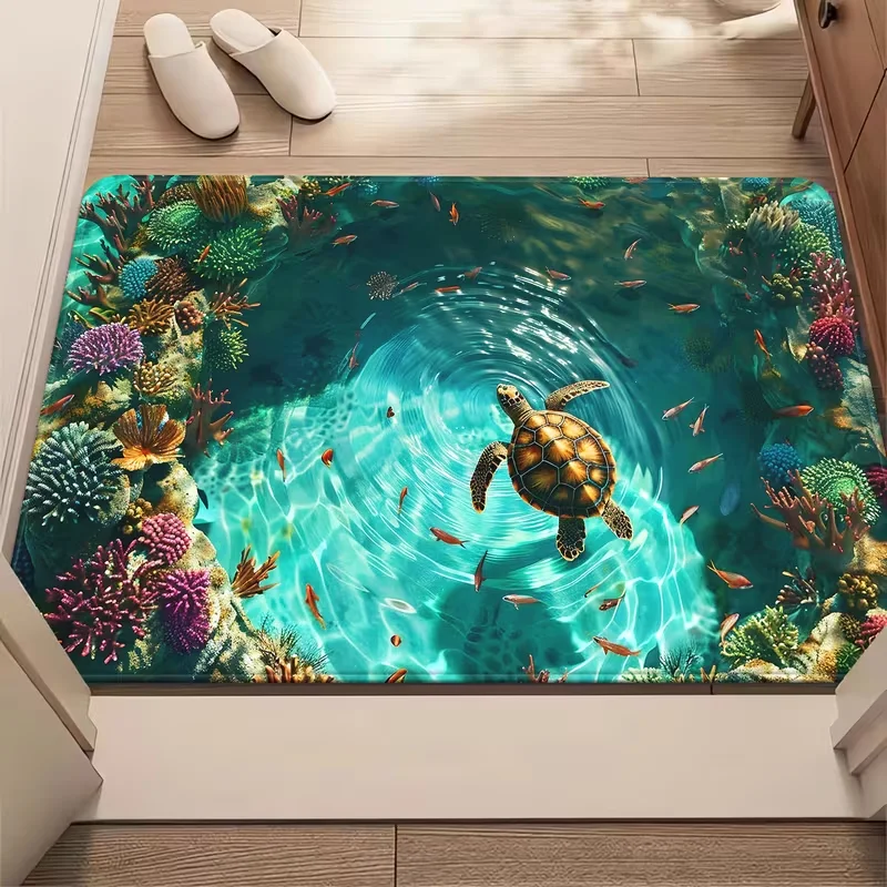 2D Ocean Sea Turtle Door Mat Coral Reef Underwater World Design Soft Non-Slip Home Decor Rug Natural Scenery Carpet for Kitchen