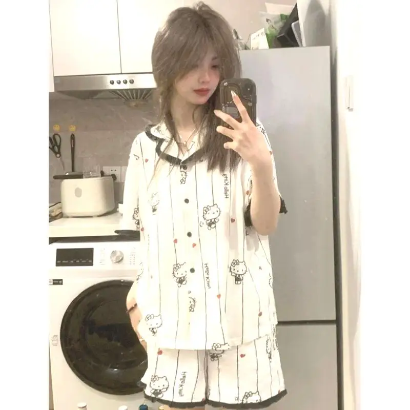 

2Pcs Sanrios Summer Pajamas Hello Kittys Cartoon Short Sleeves Shorts Fashion Loose Home Clothes Breathable Birthday Present