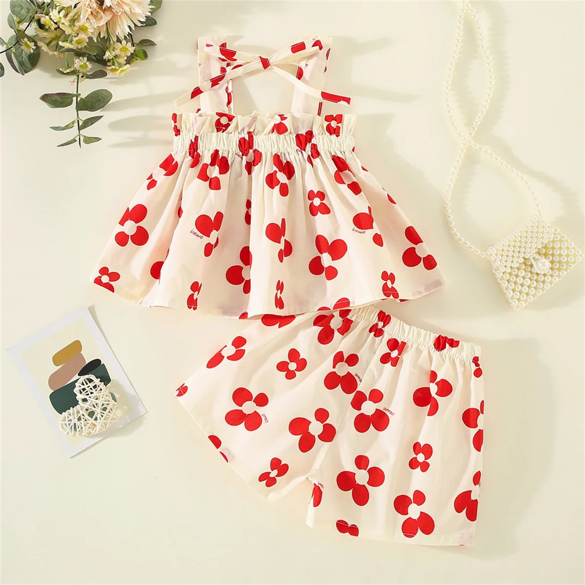 Summer Preschool Girls 0-3 Years Old Sweet Printed Bow Decorative Strap Top And Shorts 2 Pieces/Set