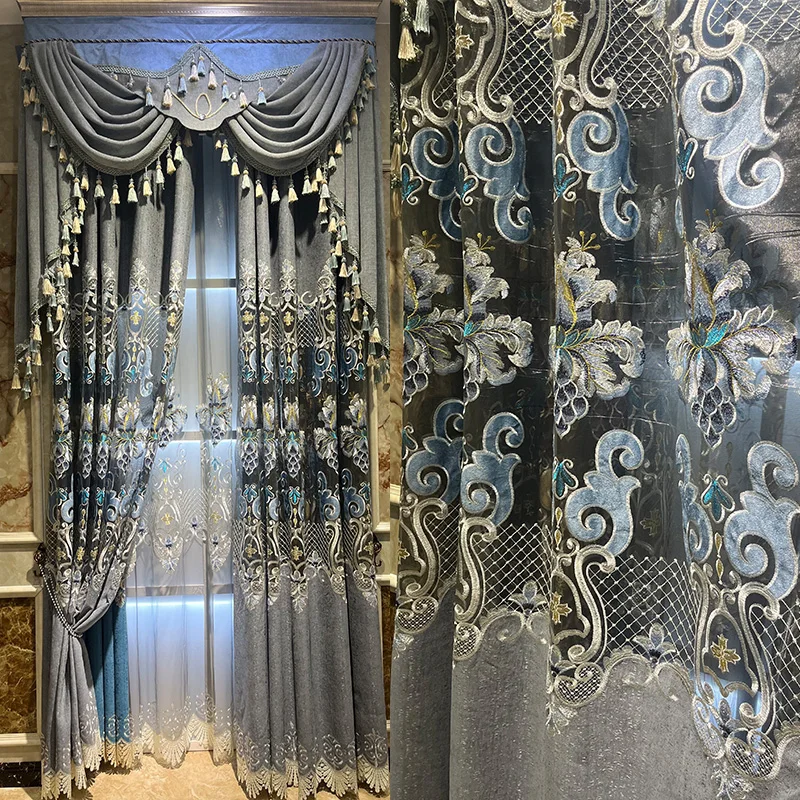 

Custom luxury European hollow embroidered living room Chenille gray cloth blackout curtain tulle valance drape C1854