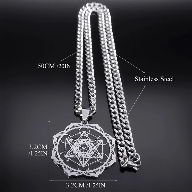 Flower of Life Metatron Cube Necklace Women Sacred Geometry Pendant Stainless Steel Angel Seal Archangel Necklace Jewelry N7961