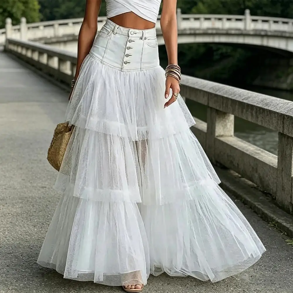 Women Skirt, High Waist Mesh Splicing Skirt, Soft Breathable Patchwork Hip Covering Versatile Maxi Skirt for Party Beach Wedding