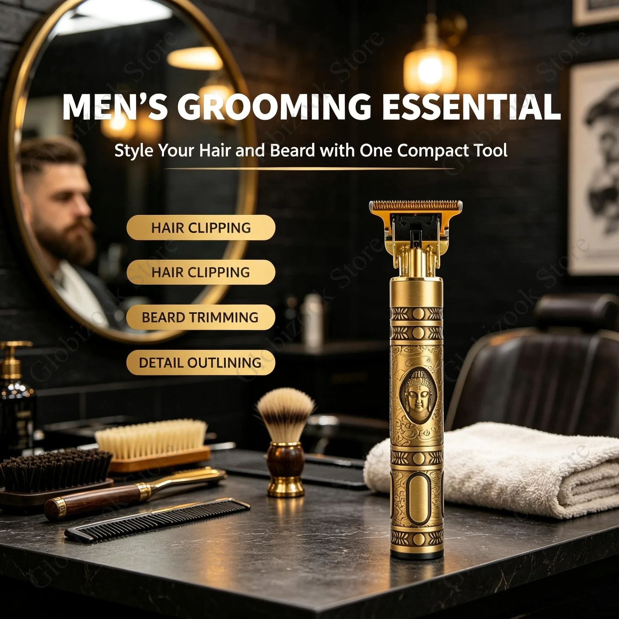 Tondeuse à cheveux rechargeable USB-C, lame en T gravée de motifs bouddhistes, pour hommes, tondeuse professionnelle pour la barbe et le contour du visage.
