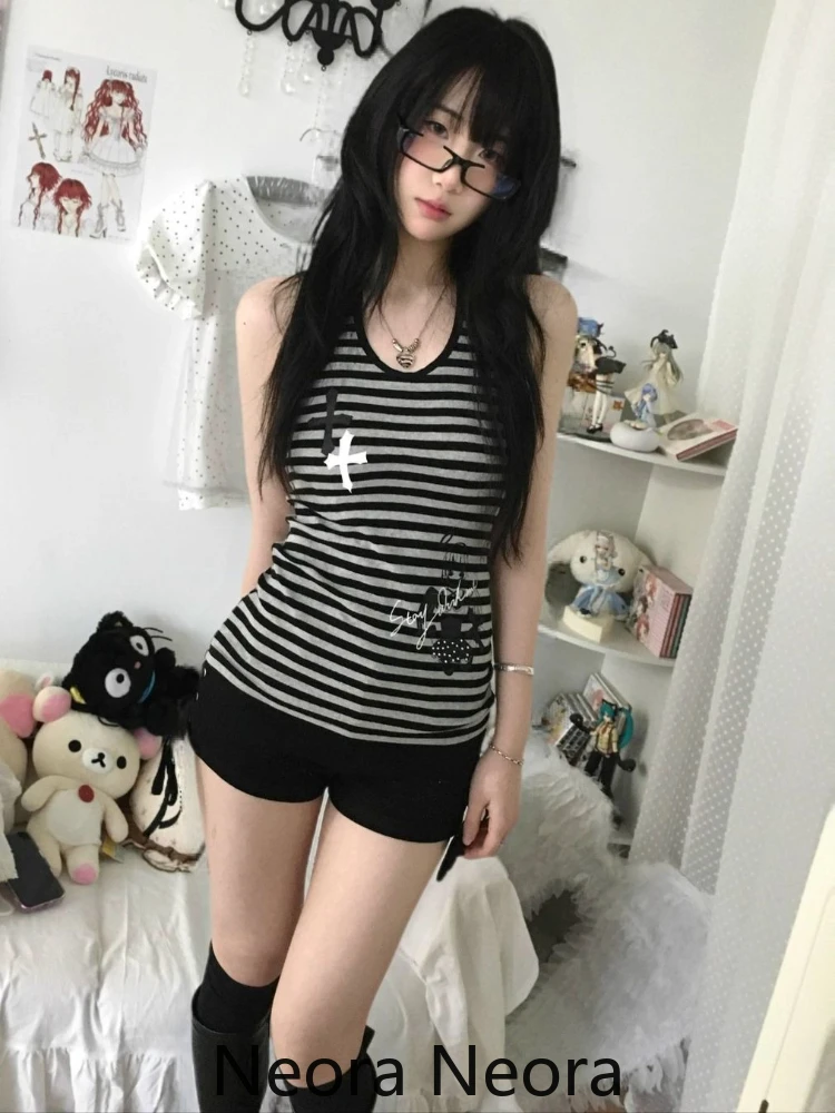 ثقافة فرعية القوطية مخطط مائل الرقبة القمم المرأة خمر Y2k قبالة الكتف الساخن فتاة سترة الإناث الصيف شيك سليم الرجعية وتتسابق جديد