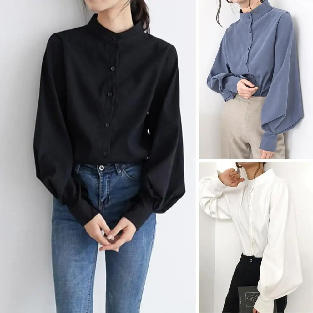 

Women Shirt Lantern Sleeves Elegant Stand Collar Casual Women Shirt Blouse Top for Daily Wear