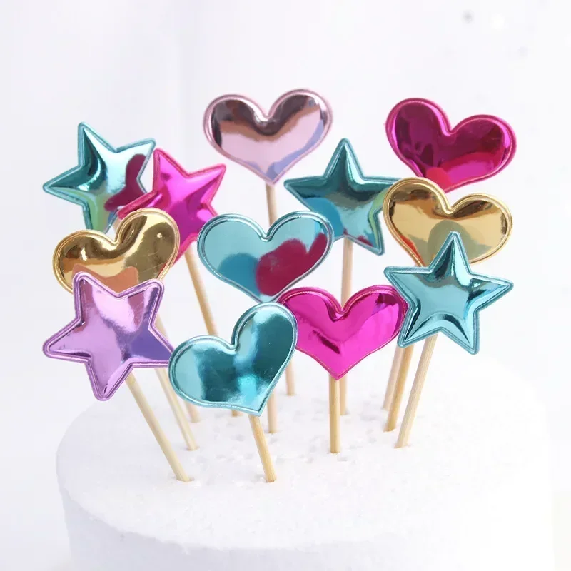 50pcs Star Topper for Cake Colorful Glitter Crown Heart Cake Decoration Girl or Boy Wedding Happy Birthday  Party Cupcake Decor