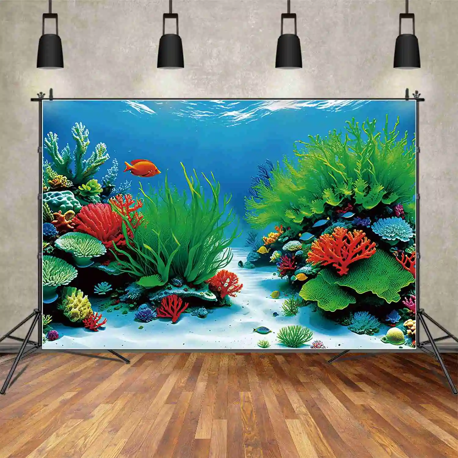 MOON.QG Green Sea Grass Fish Aquarium Background Boy Red Coral Rock Birthday Backdrop Custom Party Decoration Photozone Supplies