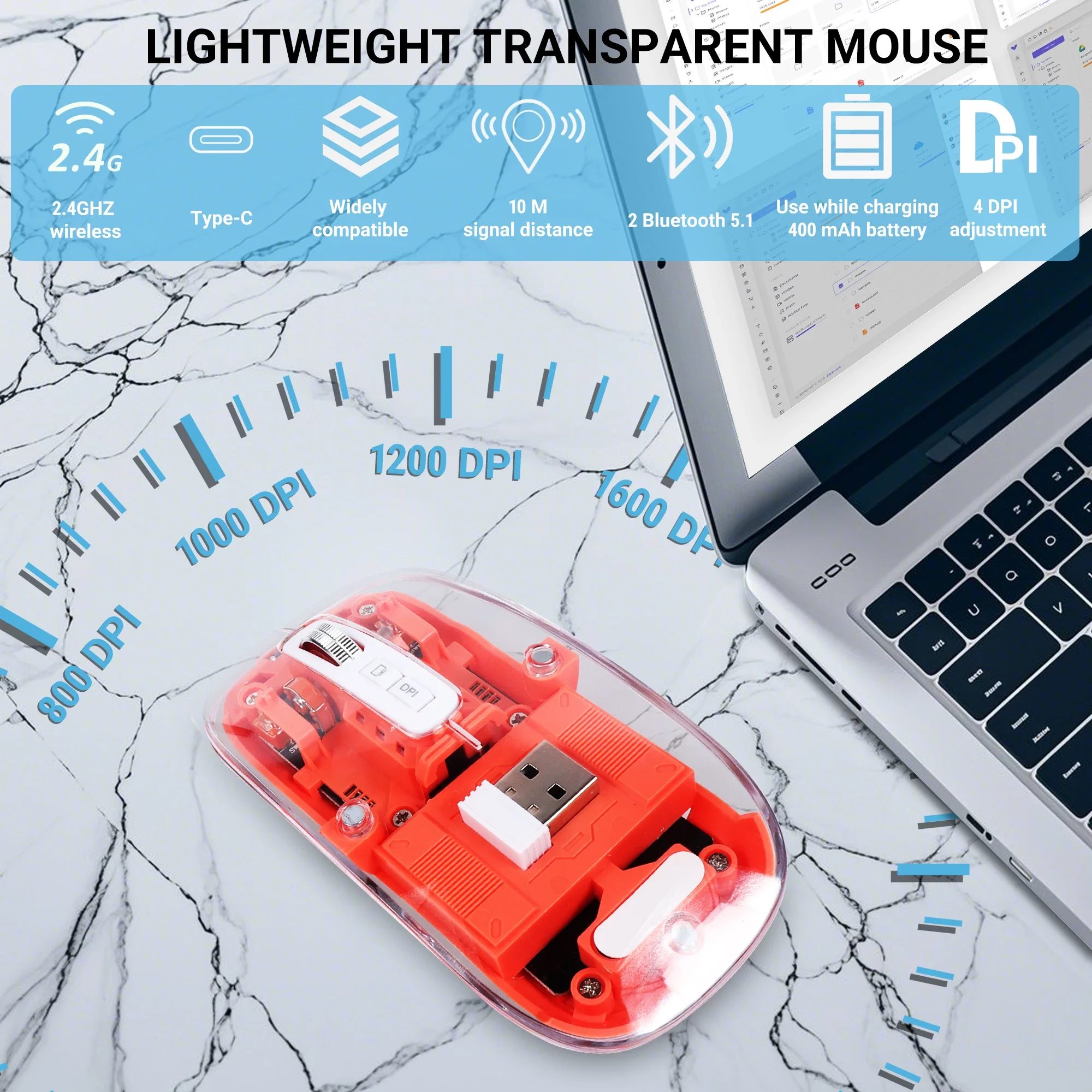 

Transparent 2.4G Bluetooth Wireless Mouse with Magnetic Shell Silent Slim Design Rechargeable Mice 1600DPI for Office Gaming