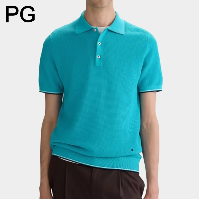 PG Minimalist Mens Waffle Texture Polo Shirt Thin Contrast Edge Cuff Hem Small Side Logo Weekend Travel Casual Layer Wear — купить у AliExpress WW