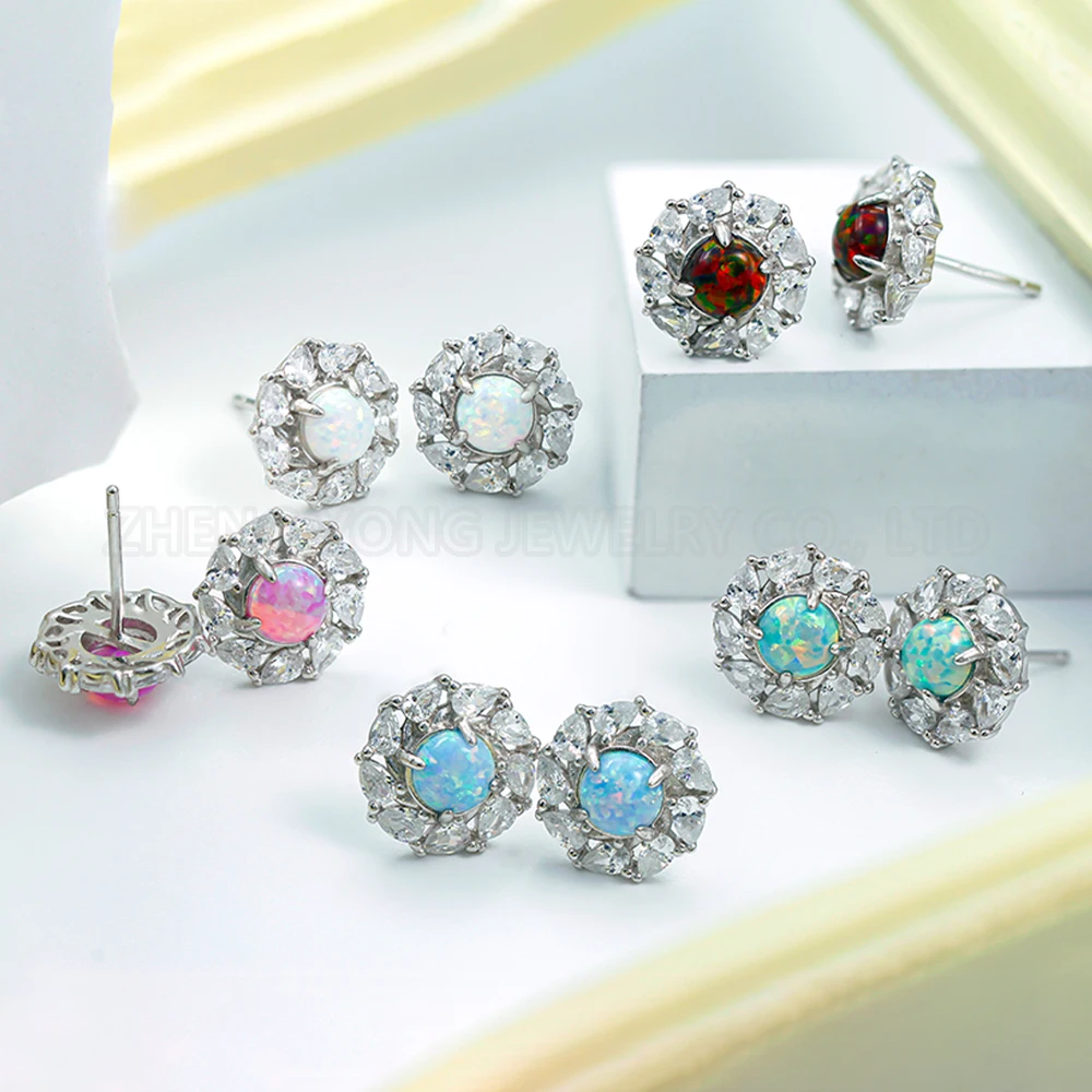 

Sterling Silver Pear Cut Diamond Earring Studs for Ladies Fire Opal Halo Stud Earrings
