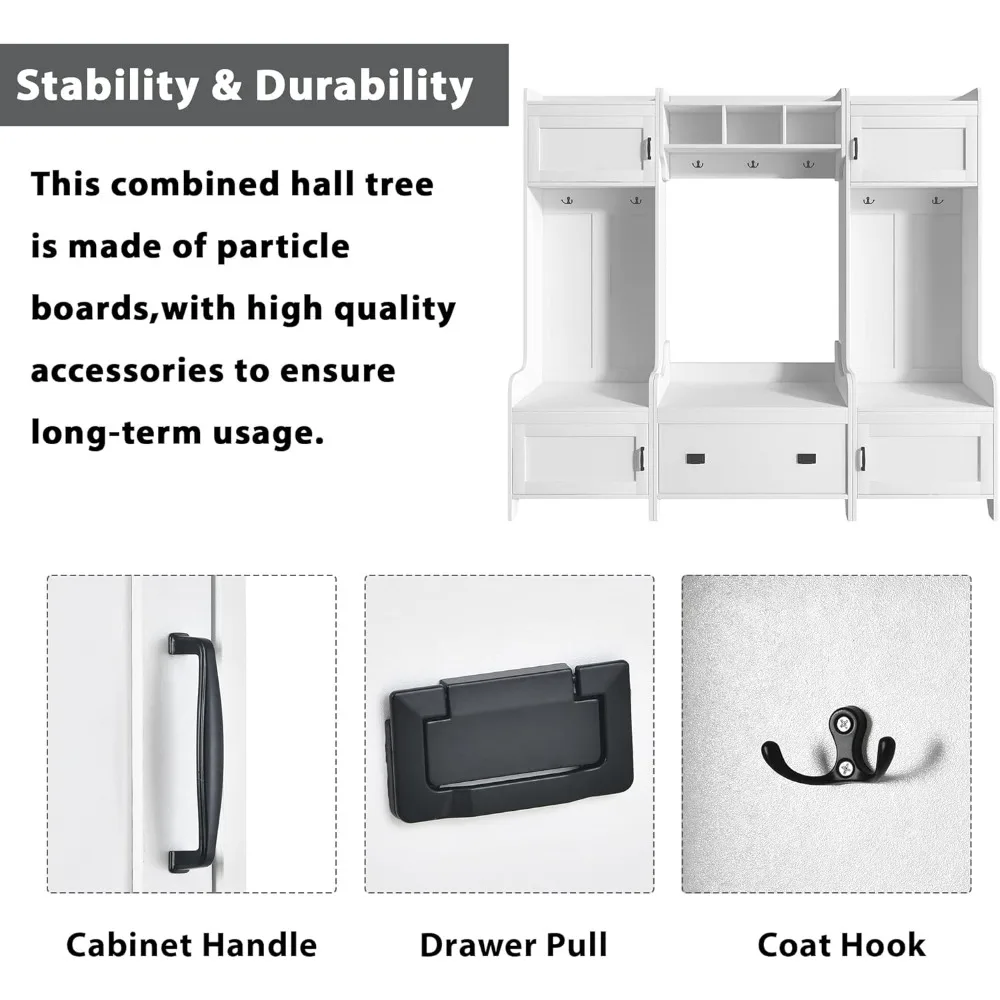 رف معطف المدخل متعدد الأغراض بأربعة اتجاهات معاصر مع 7 خطافات معدنية سوداء، مقعد المدخل مع مساحة تخزين واسعة