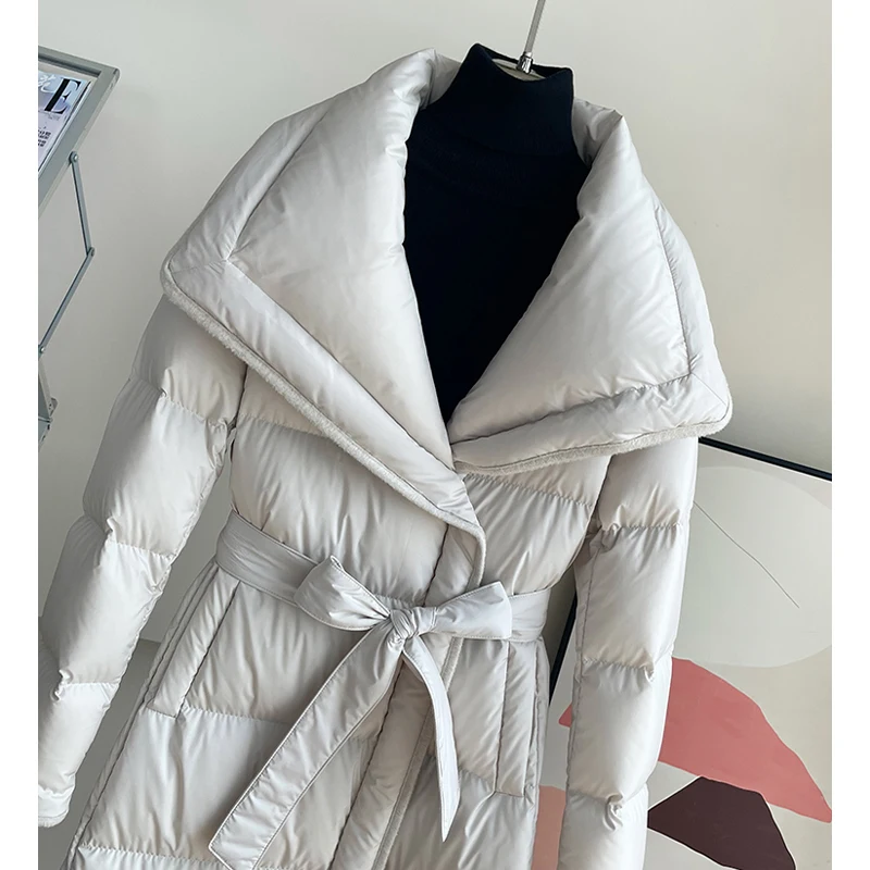 2023 New Fashion Women Coat 90% White Goose Down Long Lady Jacket With Belt Big Collar Thick Warm Luxury Outwear New Female Coat