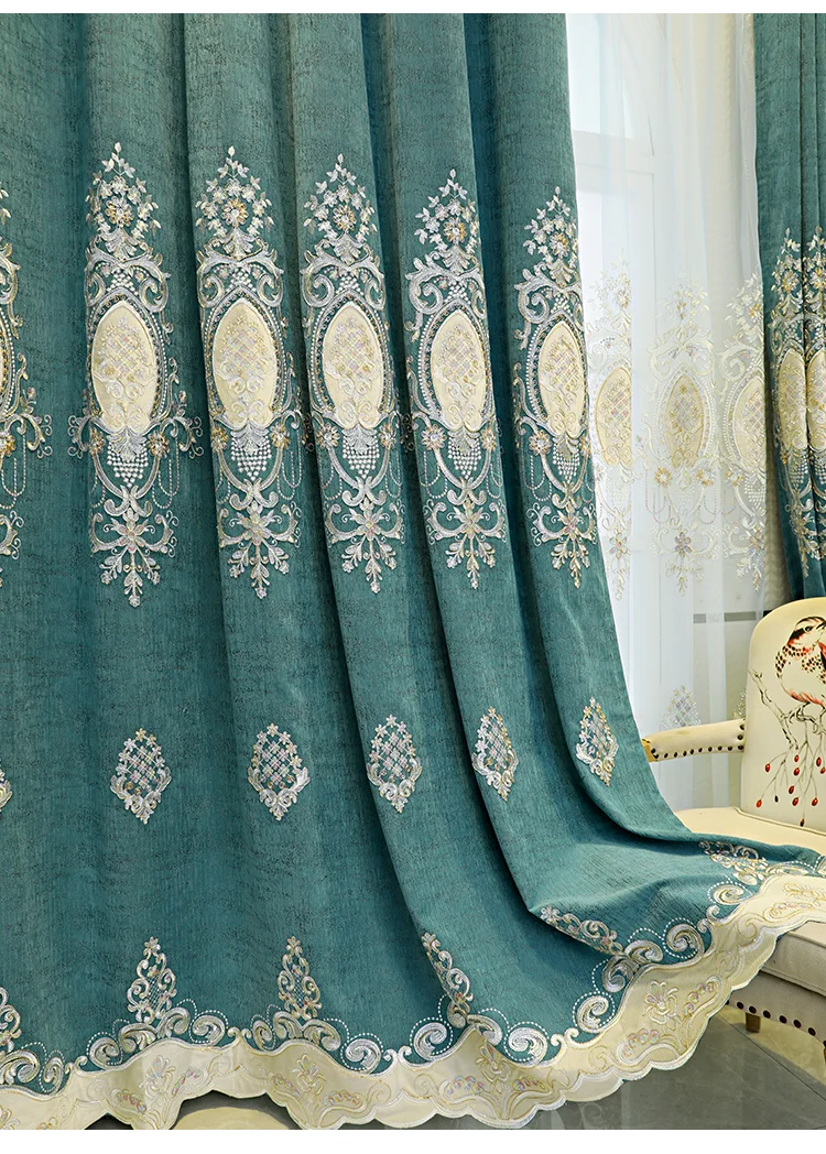 Graue Chenille-gestickte Vorhänge im europäischen Stil für Wohnzimmer, Schlafzimmer, Esszimmer, luxuriöse Villa, Fenstervorhänge, Schattierung, individuelle Größe – Detail 16