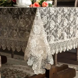 Table Cloth Yarn Glass Dining Table cover Embroidered Romantic Lace Europe TableCloth Hollow Transparent Rose Home Dust Cover