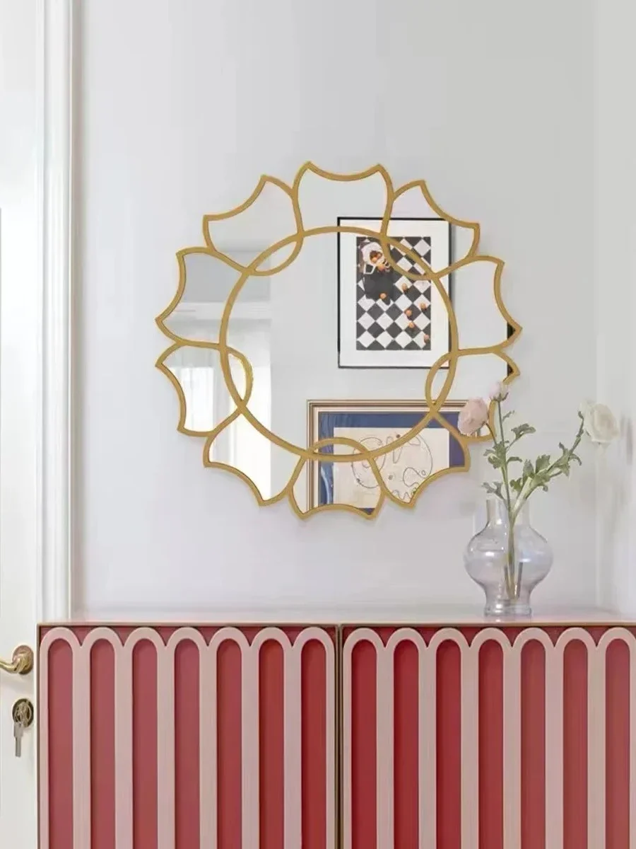 European decorative round  sub-wall led mirror restaurant background wall art  creative entrance fireplace wall mirror