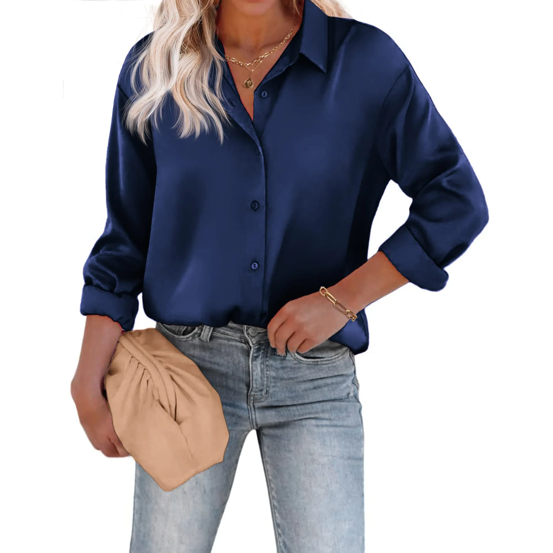 Spring Autumn Women\'s Blouses Satin Silk Button Up Shirt Female Commuting Office Casual Loose Long Sleeves Tops Women Clothing