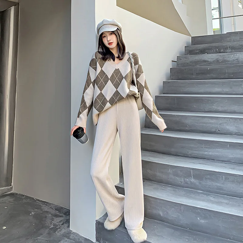 

Ribbed Wide Leg Pants Woman High Waisted Fleece Knit Fall Smocked Elastic Waist Pants Korean Style Loose Autumn Winter