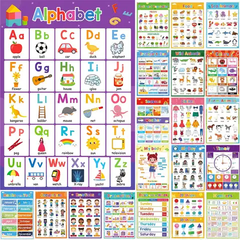 20 Laminated Educational Posters For Kids, ABC Alphabet Numbers Learning Wall Charts For Preschool Pre-K Kindergarten Classroom Homeschool Supplies
